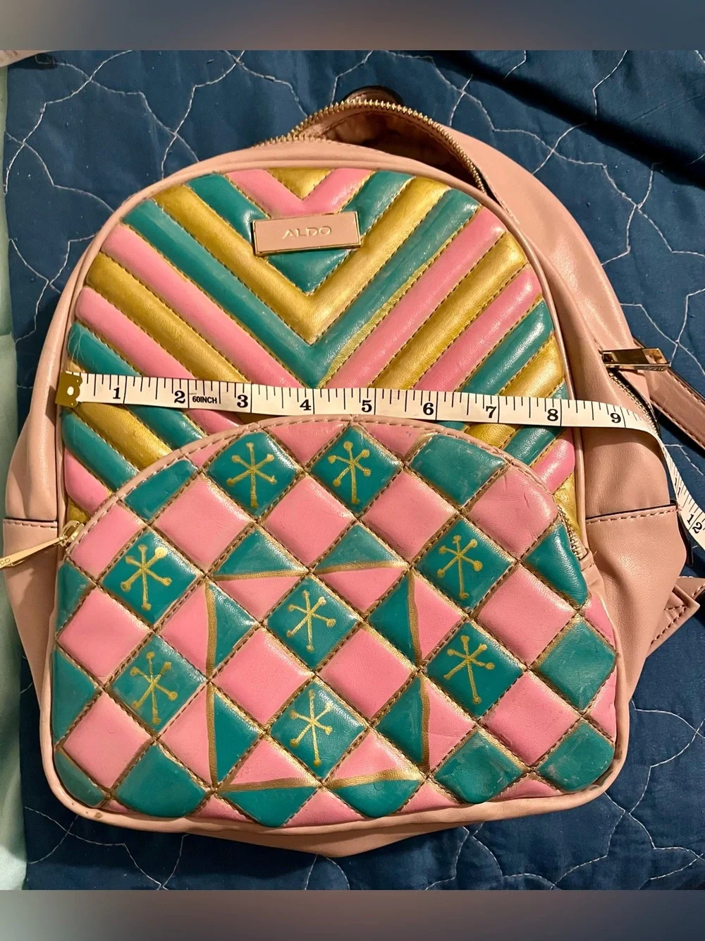 Hand painted ALDO Pink, Teal & Gold Quilted Mini Backpack